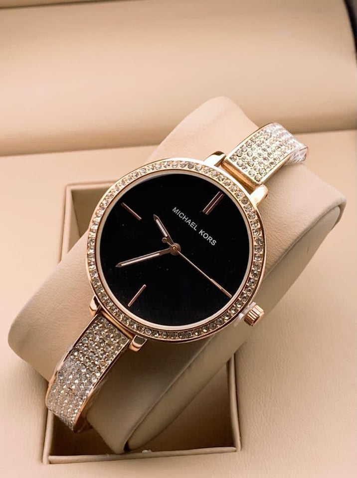 Silver Women's MK-8286 (BANGLE) Watch for Girl or Woman Black Dial Diamond - For Gift