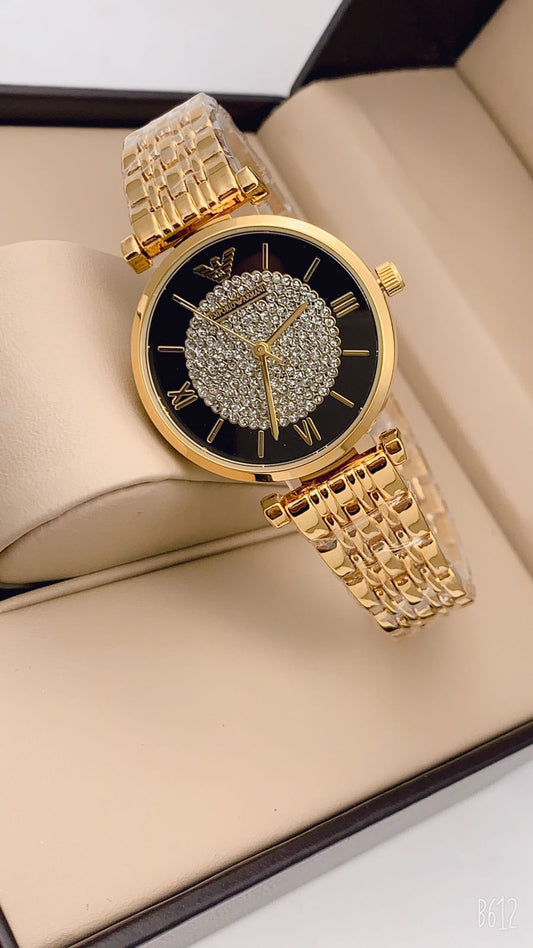 Watch Diamond And Black Dial Golden Color Strap For Women and Girls Armani Variants-Best Gift Ever AR-8031