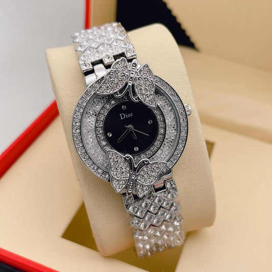 Designer Quartz Swiss made DR-894 Watch With Black Dial & Silver Diamand Cover Strap And Butterfly design Case Watch for Women and Girls Vintage Collection- Best Gift