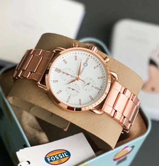 Fossil Analog Watch FS-5410-White Dial Stainless Steel Strap With Rose Gold Color Strap And White Dial Color Men;s Watch - Best Gift