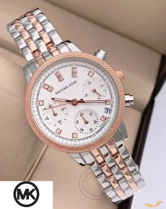 Chronograph Analog Two-Tone Strap Women's Watch For Girl Or Woman MK-23 White Dial Date Gift Watch