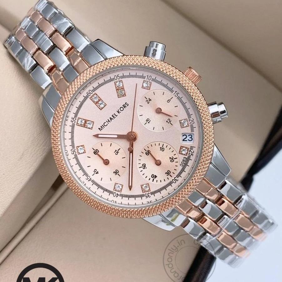 Chronograph Rose Gold Dial Women's Watch For Girl Or Woman Mk040 Two-Tone Strap Best Gift Date Watch