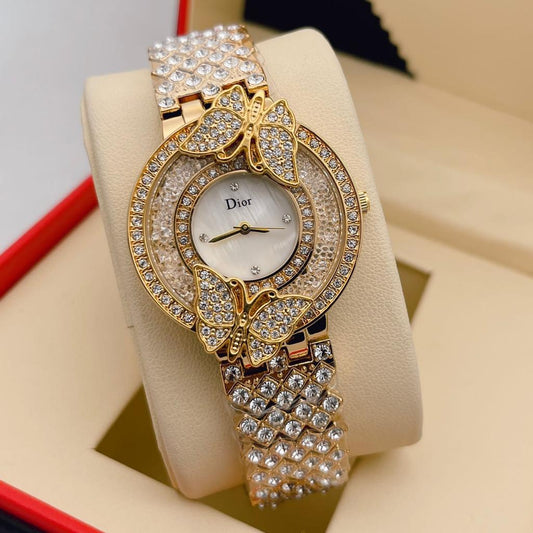 Designer Quartz Swiss made DR-892 Watch With White Dial Gold Diamand Cover Strap And Butterfly design Case Watch for Women and Girls Vintage Collection- Best Gift