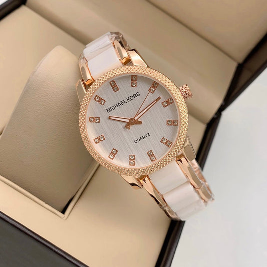 MK White Gold Strap Gold Tone Case Stainless Steel Analog White Dial Watch Women's Watch For Girl Or Woman Best Gift Watch-MK-8016