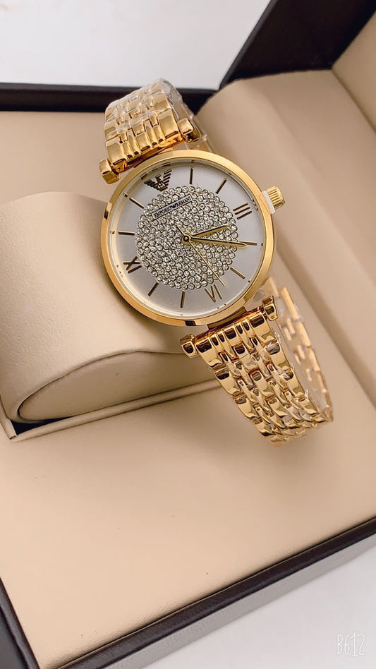 Watch Diamond And White Dial & Golden Color Strap For Women And Girls Armani Variants-Best Gift Ever AR-80368