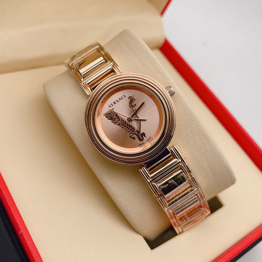 Branded Analog Rose Gold Color Strap New Stylish Rose Gold Color Case Women's Watch For Women And Gold Dial Stainless Steel Watch- Best for Casual Use VER-V-1018