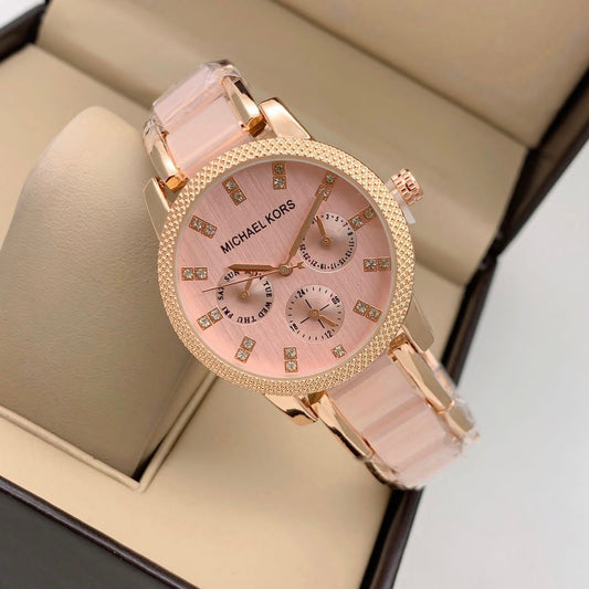 Pink Gold Strap Gold Tone Case Stainless Steel Chronograph Pink Dial Watch Women's Watch For Girl Or Woman Best Gift Watch-MK-8015