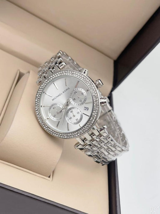 Chronograph Silver Strap Watch for Girl or Women With Silver Dial MK-9131