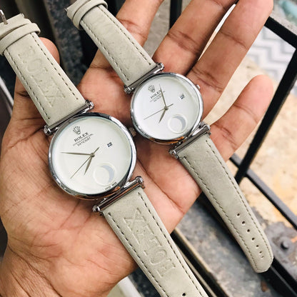 Analog Half Moon Perpetual Grey Leather Watch For Couple Rlx-Cpl-2134 White Dial Silver Case Best Gift Watch Ever