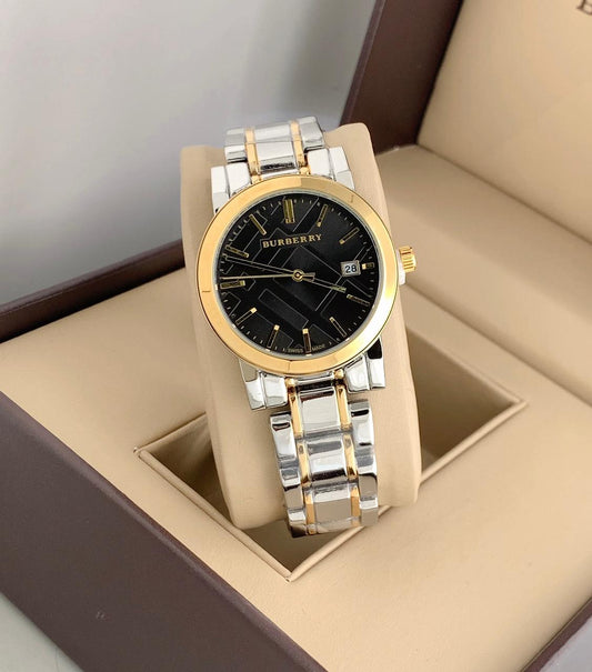 Women's BU-9045 Heritage Silver-plated With Gold Case And Black Dial Dated Stainless Steel Swiss Rare 35mm Women Wrist Watch