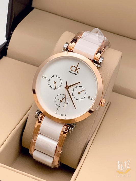 White And Gold Color Strap Women's Chronograph Watch For Girl or Woman CK-7059 White Dial Rose Gold Case Metal Strap- Gift