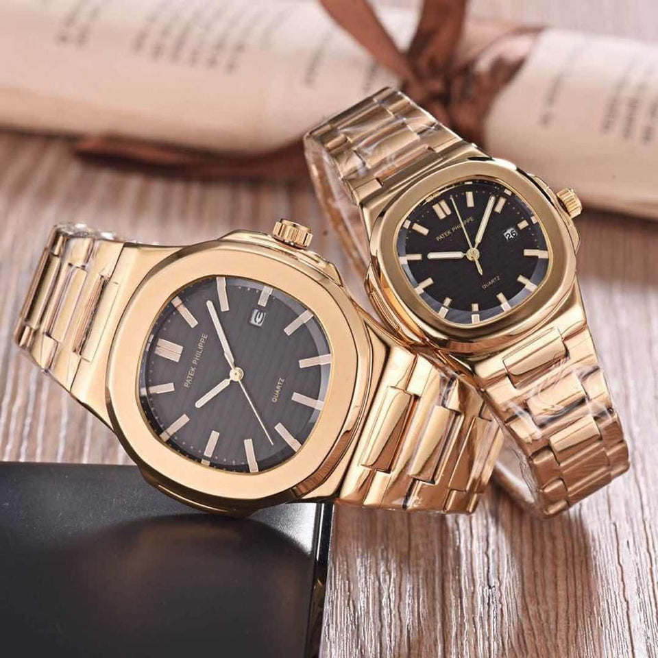 Patek Philippe Latest Model Couple Watch Black Dial With Golden Belt Heavy Quality PK-712