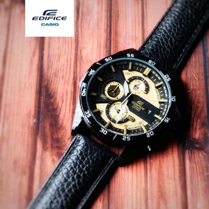 Casio Edifice Limited Adition Chronograph Yellow Dial Black Strap Leather Dated Men's Watch EFR-557