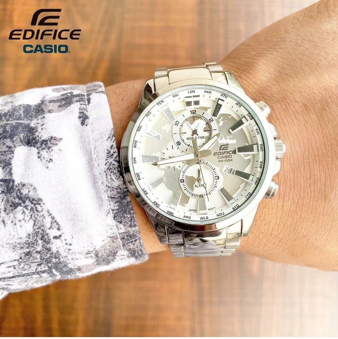 Casio Edifice Chronograph White World Design Dial Silver Metal Men's Watch EFR-305-best Gift