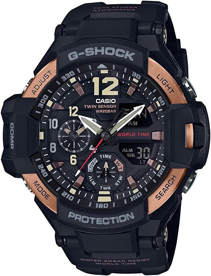 Casio G-Shock Analog Rose Gold RAVITYMASTER Twin Sensor World Time Digital Men Black Analogue and Digital watch With Metal Case Watch For Man Day And Date Gift Watch GA-1100RG-1ADR