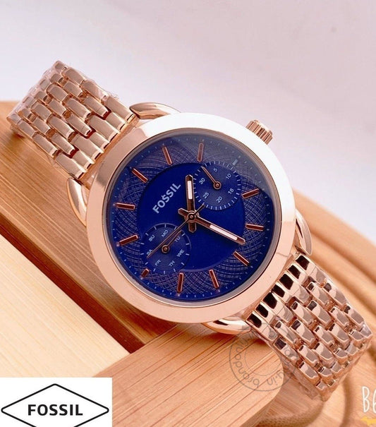 Rose Gold Women's Blue Dial Watch For Girl Or Woman Day & Date Es997 - Best Gift For Women