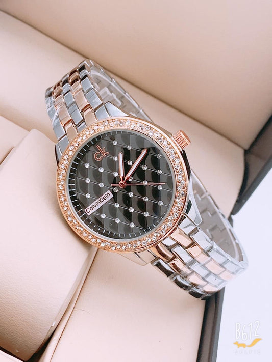 Multi Color Women's Date Watch For Girl or Woman CK-501 Black Dial Metal Strap- Gift