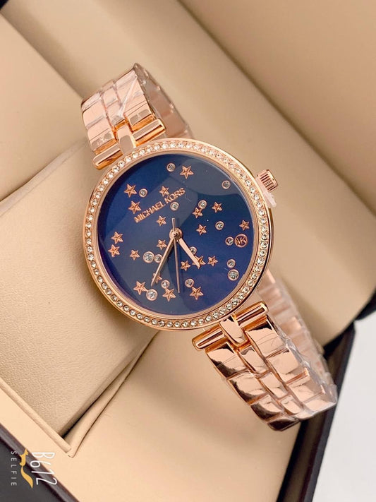 Rose Gold Metal Strap Women's MK-3729 Watch for Girl or Woman Blue Dial Diamond- For Gift