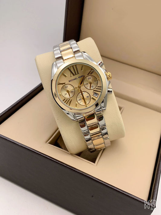 Chronograph Silver And Golden Strap Watch for Girl or Women Golden Dial MK-7496