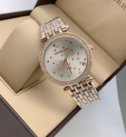 Golden Color Metal Diamond Case & Multi Colour Strap Watch For Women's Mk-3728 Design Silver Dial For Girl Or Woman Best Gift Date Watch