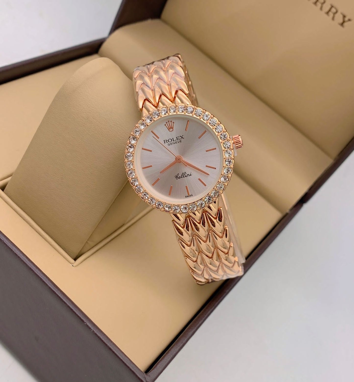 Cellini Qurtz Movement White Dial Gold Rose Gold Dimond Case & Vintage Rose Gold Braclet Watch Women Or Girls - Best Watch For Causal Use RLX-3187