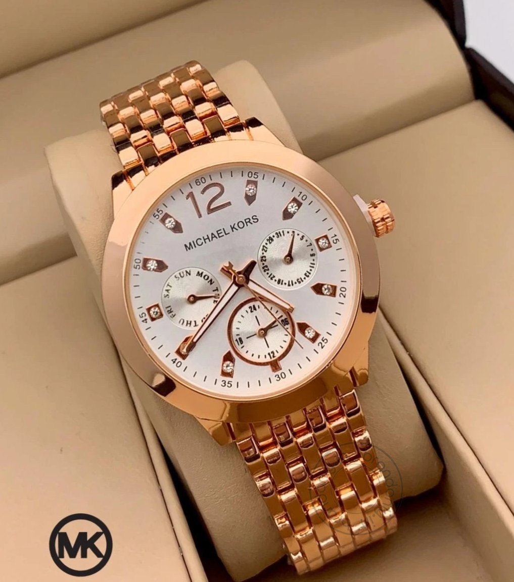 White Dial Women's Watch For Girl Or Woman Mk-995 Chronograph Multi Dial Gold Day Date