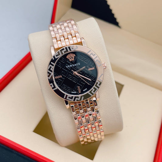 Multi Color Rose Gold Strap New Stylish Branded Women's Watch For Women And Girls Black Dial-VER-8082