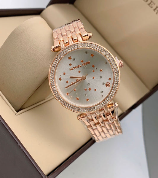 MK Golden Color Metal Diamond Case & Strap Watch For Women's MK-3726 Design Silver Dial For Girl Or Woman Best Gift Date Watch