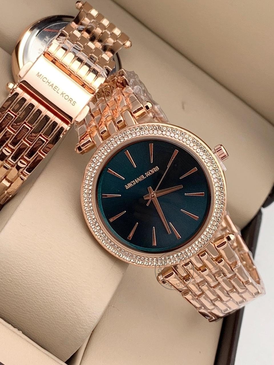 Rose Gold Strap Women's Watch For Girl Or Woman Mk-16 Black Dial Diamond Case Gift Watch