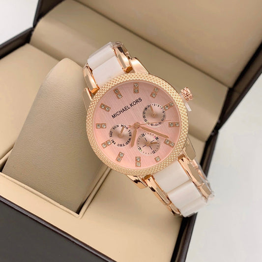 White Gold Multicolour Strap Gold Tone Stainless Steel Chronograph Watch With Pink color Dial Color Women's Watch For Girl Or Woman Best Gift Watch-MK-8011