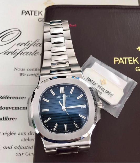 Patek Philippe Nautilus Watch Blue Dial Silver Color Strap Quartz Movement Dated Watch PK-5711R-001-BLUE