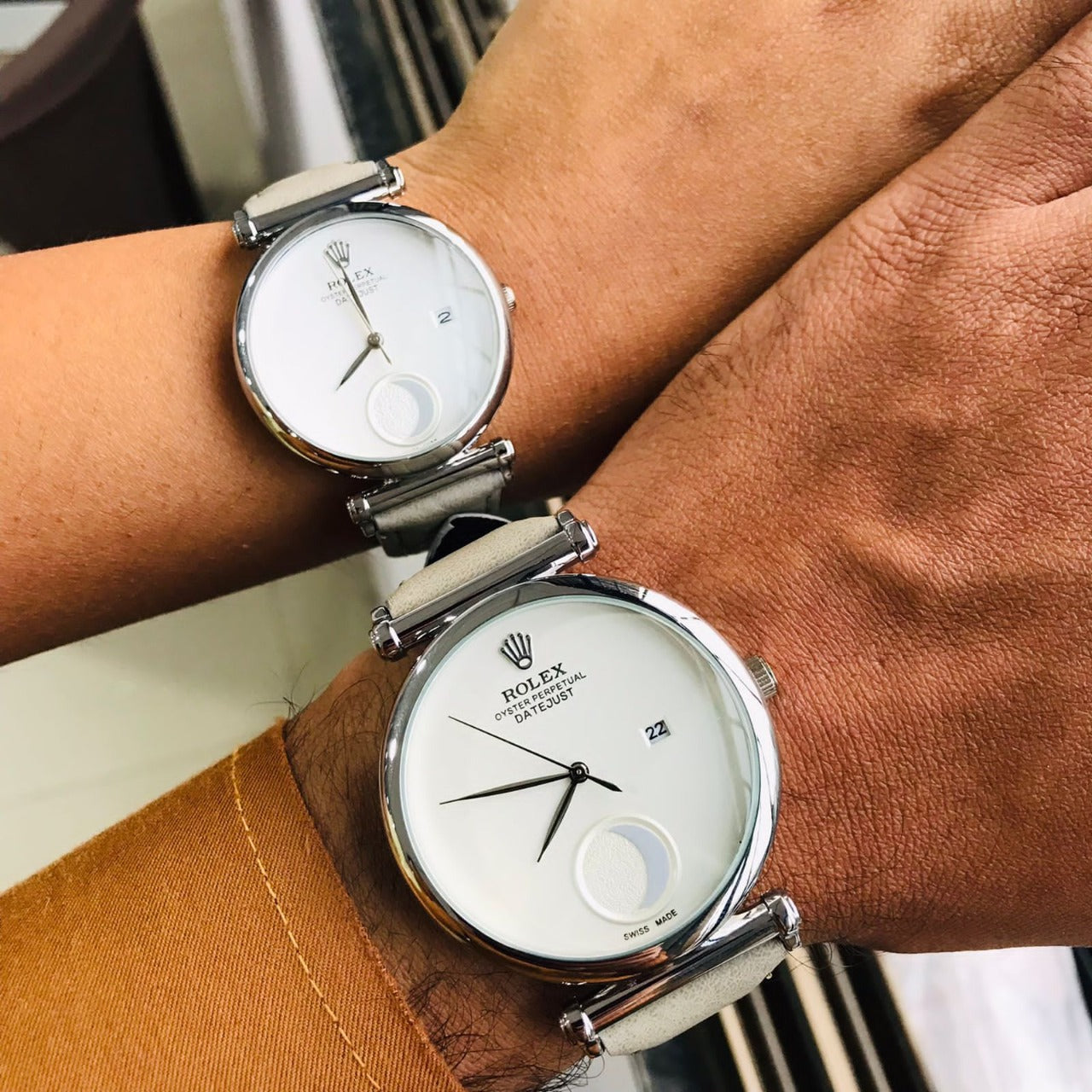 Analog Half Moon Perpetual Grey Leather Watch For Couple Rlx-Cpl-2134 White Dial Silver Case Best Gift Watch Ever