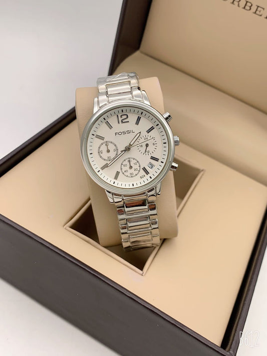 Silver Analog Watch Chronograph White Dial Watch With Stainless Steel Strap Watch For Girl Or WomanFS-8081 - Best Gift For Women