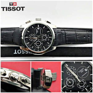 Tissot Chronograph Black Leather Men's Watch for Man Silver Black - Gift TS-654L-SB