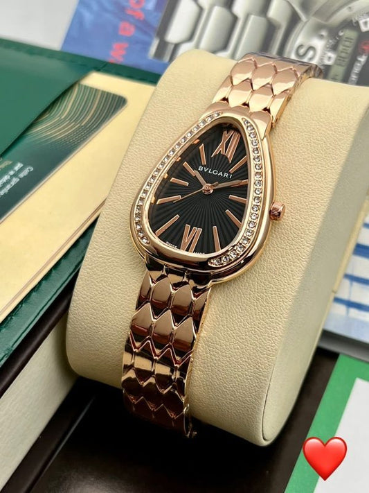 Branded Analog Watch With Rose Gold Color Metal Case & Strap Watch With Black Dial Designer Strap Watch For Girl Or Woman-Best Gift Date Watch- BV-103478