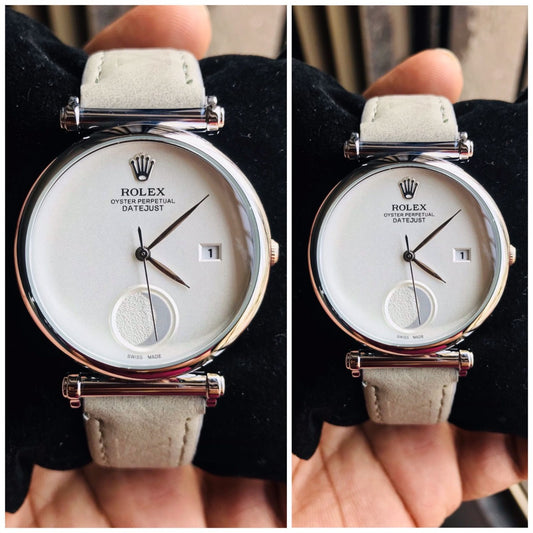 Analog Half Moon Perpetual Grey Leather Watch For Couple Rlx-Cpl-2134 White Dial Silver Case Best Gift Watch Ever