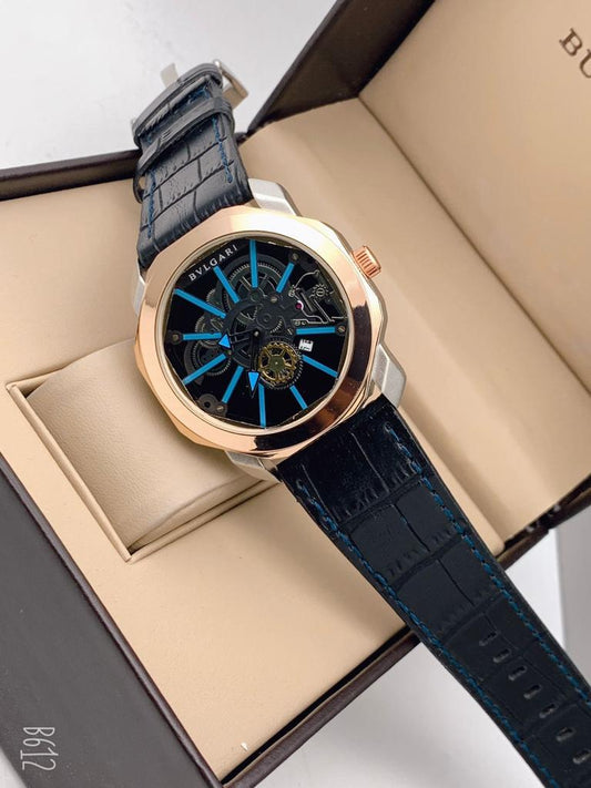 Bvlgari Branded Analog Watch With Gold Color Metal Case & Black Gold Strap And Black & Blue Design Dial Watch For Men's _ Best Gift Date Watch- BV-103627