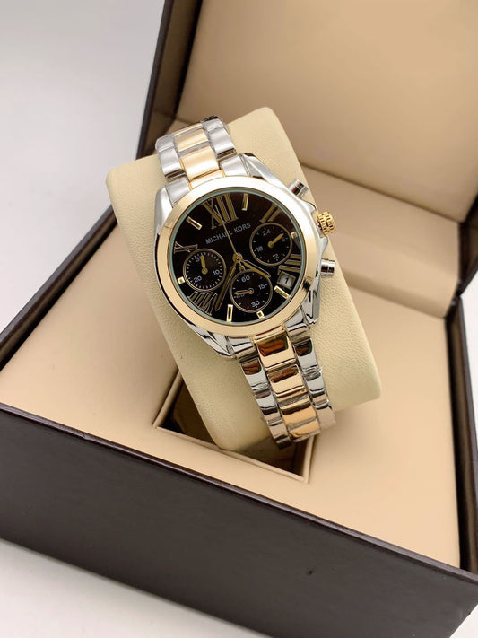 Chronograph Silver And Golden Strap Watch for Girl or Women Black Dial MK-8659