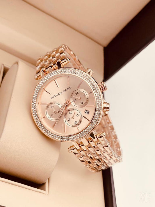 Chronograph Rose Gold Diamond Case Women's Watch for Girl or Women Rose Gold Dial MK-9126