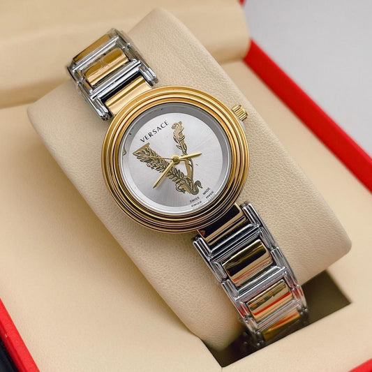 Branded Analog Multi Color Strap New Stylish Gold color Case Women's Watch For Women And White Dial Stainless Steel Watch- Best for Casual Use VER-V-1012