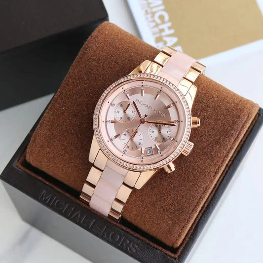 Chosmogragh Watch With Rose Gold Metal Case & Pink Dial Dated Multicolor Strap Watch For Women's Design For Girl Or Woman Best Gift Date Watch- MK-3607