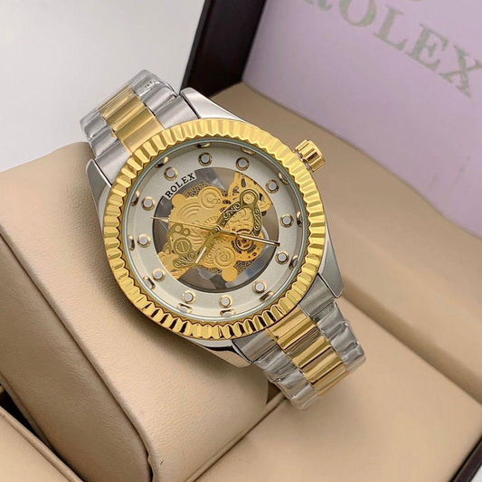 Analog Royal Desginer Watch- Golden And Silver Color Dial Stainless Steel With Golden And Silver Strap Watch For Men - Best For Stylist Look - RLX-1374