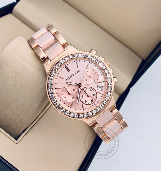 Pink Dial Women's Pearl Watch for Girl or Woman MK-55 Chronograph Multi Dial Pink Gold Day Date