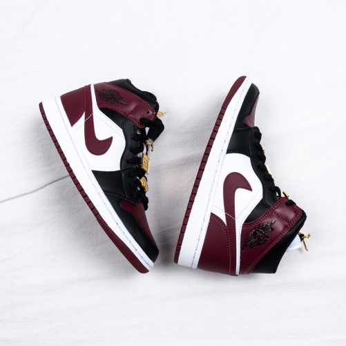 Nike Air Jordan 1 Mid SE Gold Pendants Black Shoes For Mens And Boys Dark Beetroot CZ4385-016