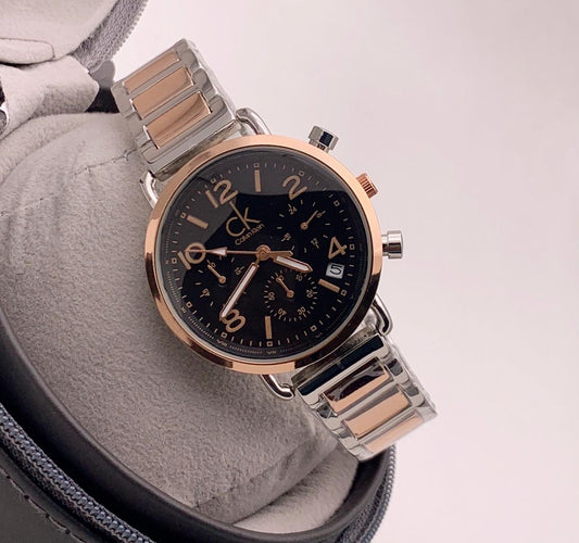 Rose Gold and Silver With Black Dial Women's Chronographs Date Watch For Girl or Woman_CK-210