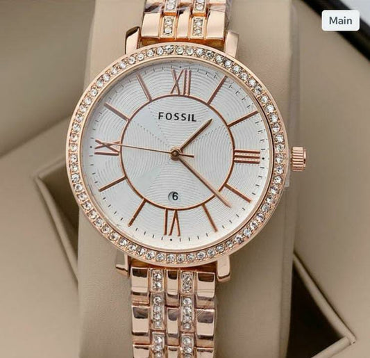 Rose Gold Strap Metal Diamond Strap Watch For Women's ES-5776 Design White Dial For Girl Or Woman Best Gift Date Watch