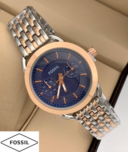 Rose Gold Silver Women's Es-874 Watch For Girl Or Woman Two Tone Blue Dial - Best Gift For Women