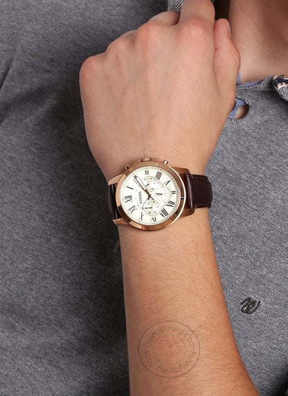 Fossil Chronograph Brown Leather Men's Watch For Man FS-4991 (FS-BW) Off White Color Dial Gift Date Watch