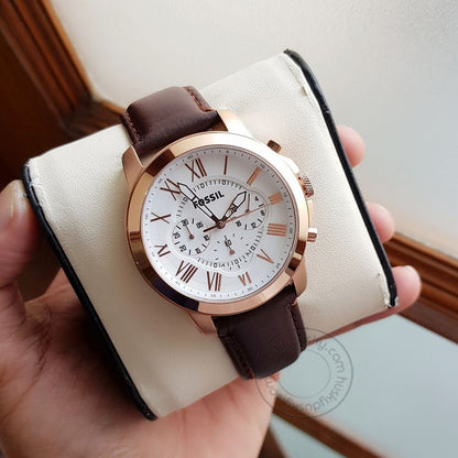 Fossil Chronograph Brown Leather Men's Watch For Man FS-4991 (FS-BW) Off White Color Dial Gift Date Watch