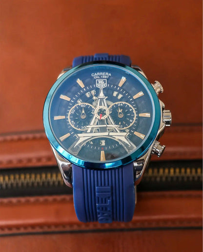 Tag Heuer Carrera Caliber Eiffel Tower Edition TAG-IT-33 Cobalt Blue Color Watch Rubber Strap Chronograph Blue Dial Watch For Men's __ Classy Look Watch